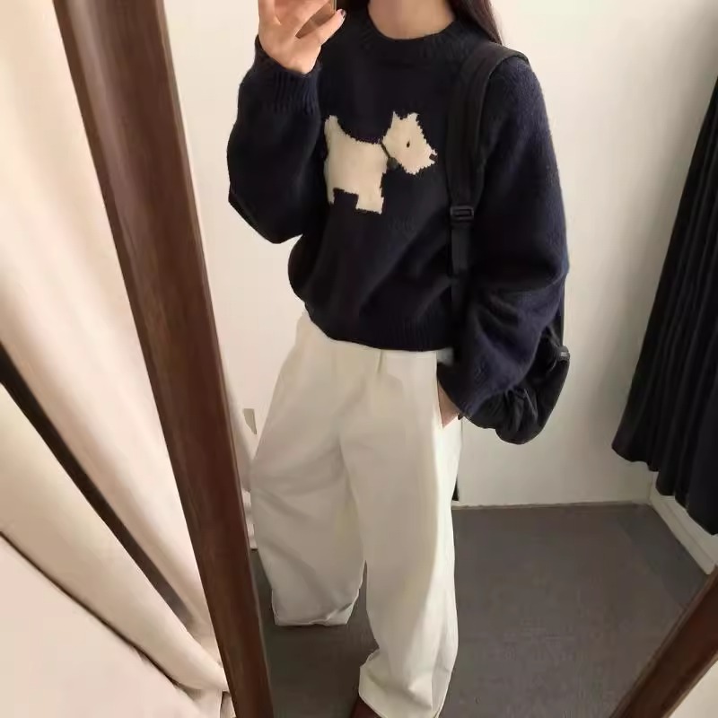 韓系寬鬆短版軟糯圓領狗狗提花針織毛衣-Cicimode