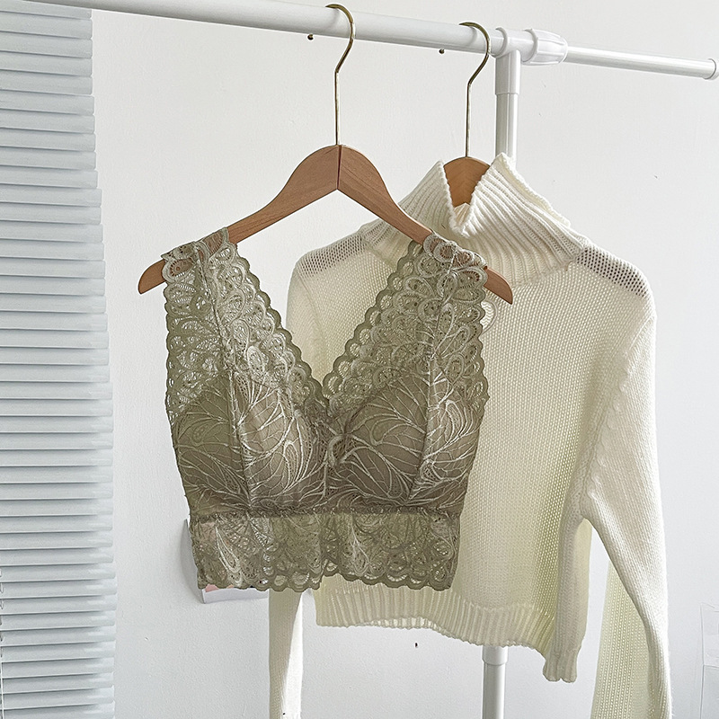蕾絲無鋼圈聚攏上托帶胸墊防走光V領文胸