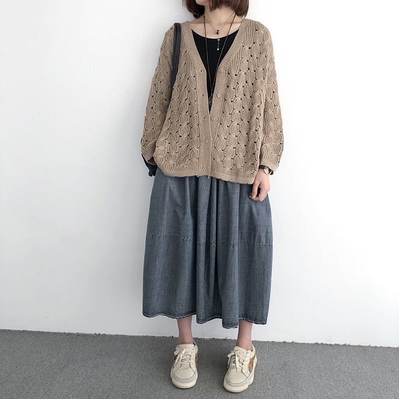 7色鏤空大碼顯瘦網眼長袖針織衫開衫-Cicimode