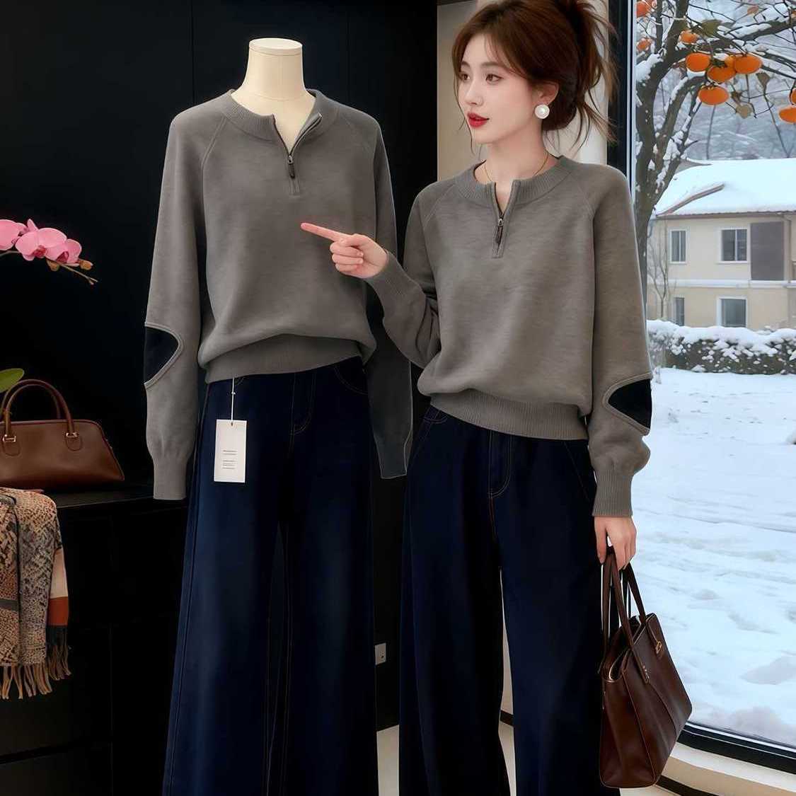 韓系半拉鏈慵懶風寬鬆顯瘦軟糯針織毛衣