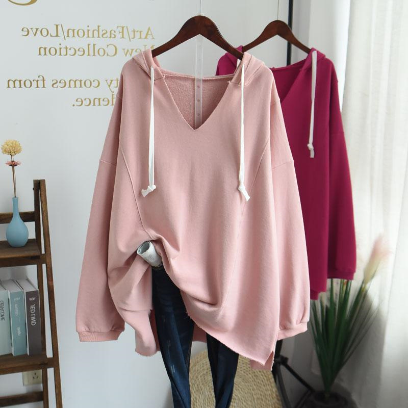時尚休閒純色V領連帽寬鬆中長款長袖衛衣-Cicimode