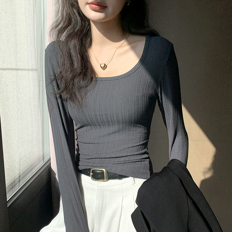 經典百搭簡約修身純色大U領內搭長袖-Cicimode