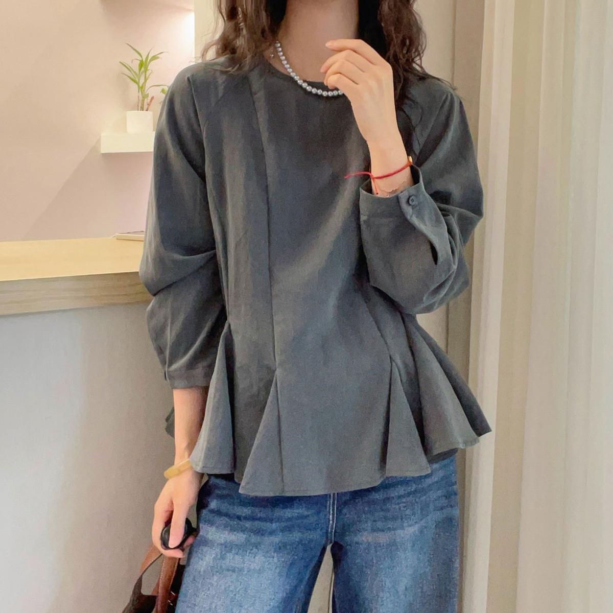 時尚寬鬆百搭短版荷葉邊收腰純棉襯衫