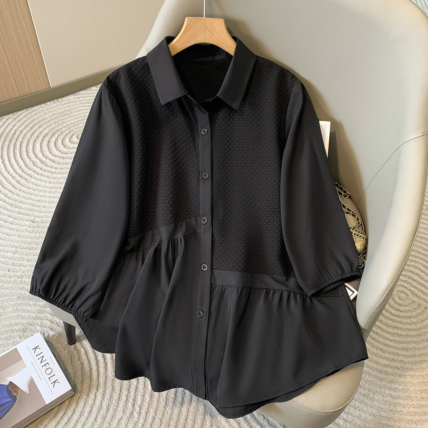 韓系時尚遮肚子七分袖設計感氣質襯衫-Cicimode