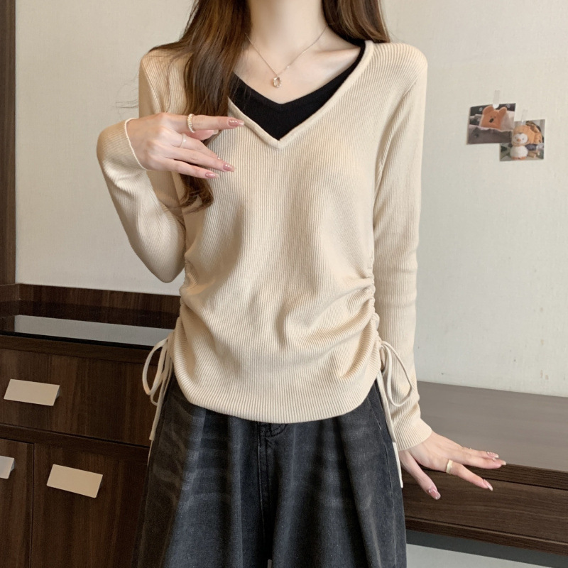 假兩件設計感正肩v領長袖內搭打底衫-Cicimode