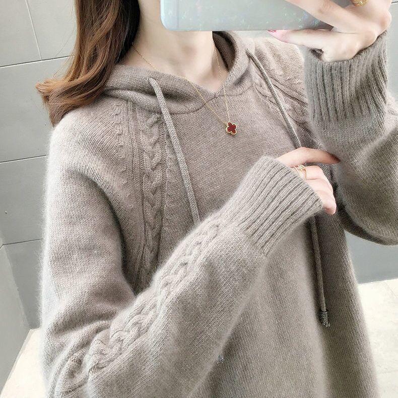 針織毛衣套頭純色寬鬆針織連帽打底衫