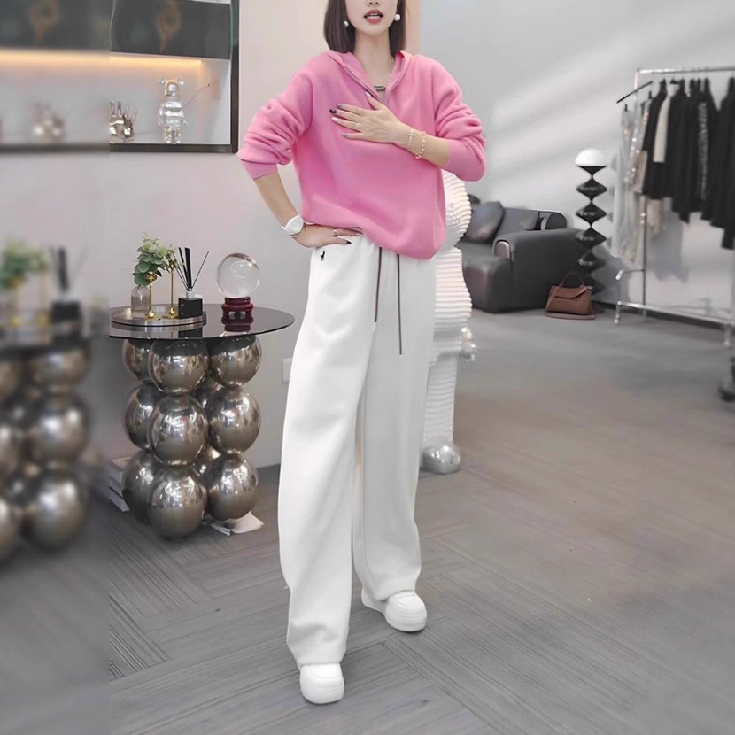 【整套】韓版寬鬆顯瘦粉色連帽長袖+休閒運動風簡約長褲兩件套-Cicimode