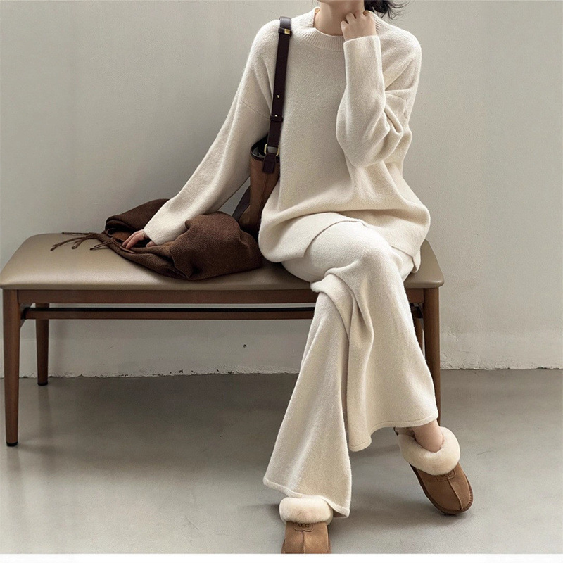 【整套】慵懶風時尚針織毛衣+休閒闊腿褲兩件套