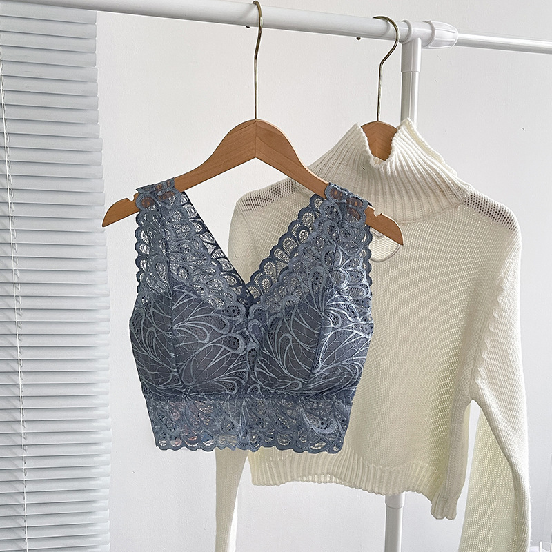 蕾絲無鋼圈聚攏上托帶胸墊防走光V領文胸