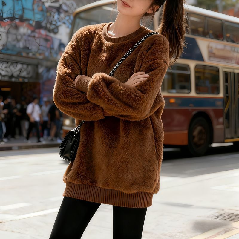 韓版寬鬆百搭刷毛加厚圓領珊瑚絨長袖-Cicimode