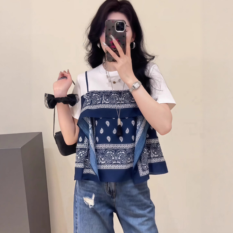 民族風設計感拼接時尚假兩件短袖T恤