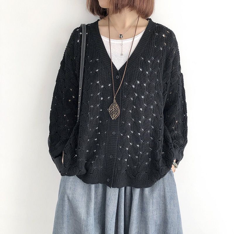 7色鏤空大碼顯瘦網眼長袖針織衫開衫-Cicimode