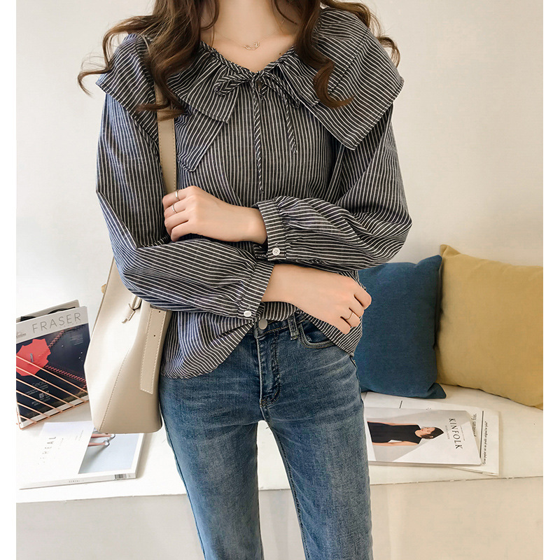 韓版chic休閒寬鬆娃娃領蝴蝶結溫柔風條紋襯衫