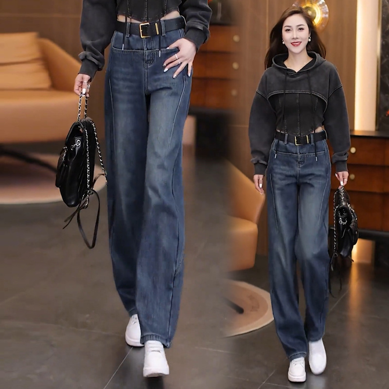 顯瘦復古高腰彎刀褲香蕉褲闊腿寬鬆牛仔褲-Cicimode