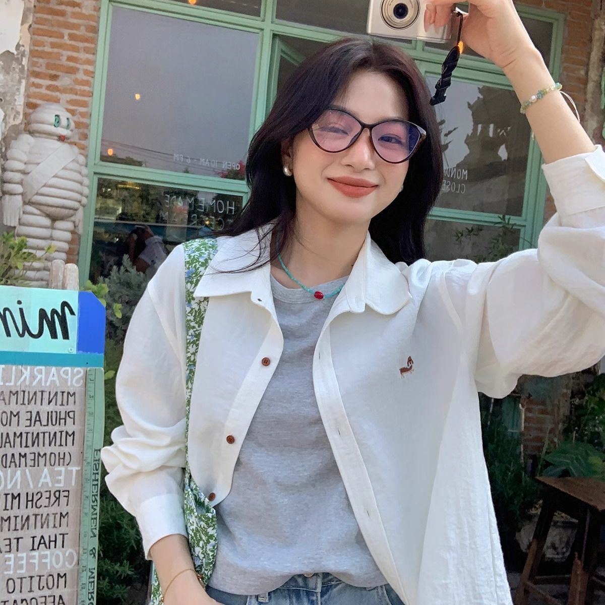 刺繡設計慵懶休閒百搭長袖氣質寬鬆襯衫