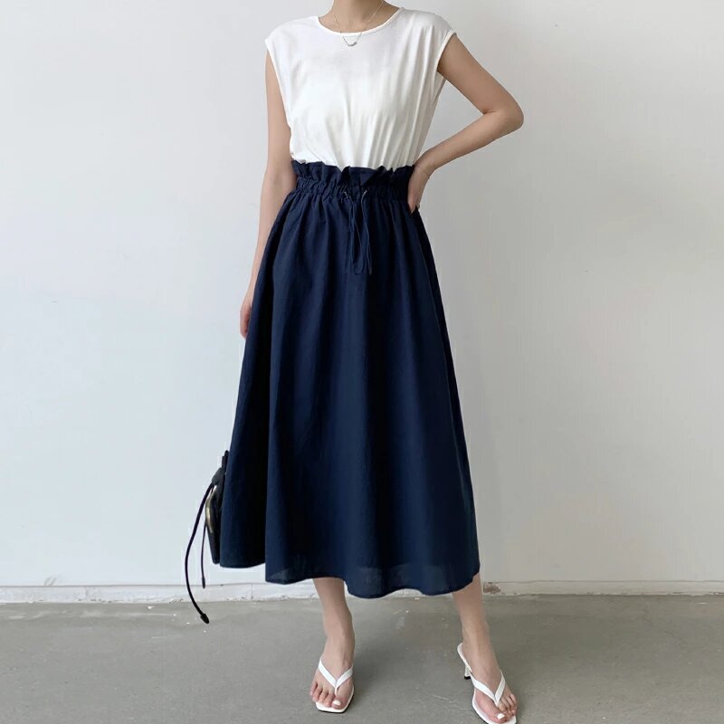 日韓寬鬆長版可收腰時尚拼接撞色洋裝