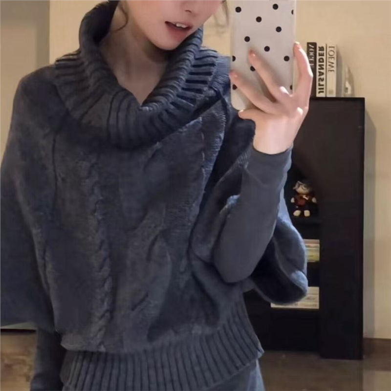 麻花斗篷氛圍針織衫復古寬鬆中袖高領毛衣-Cicimode