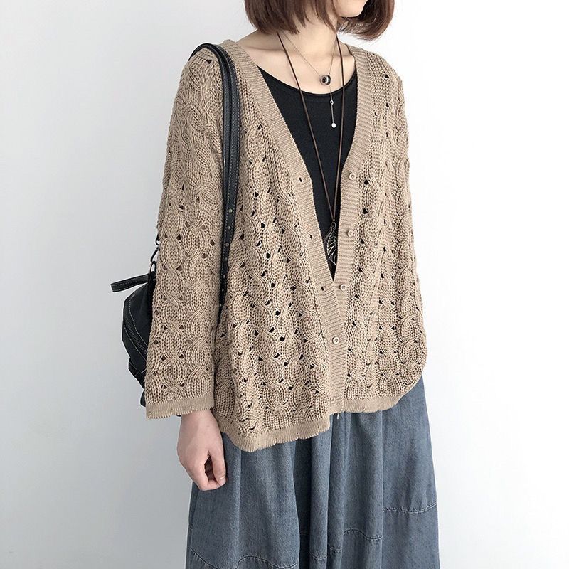 7色鏤空大碼顯瘦網眼長袖針織衫開衫-Cicimode