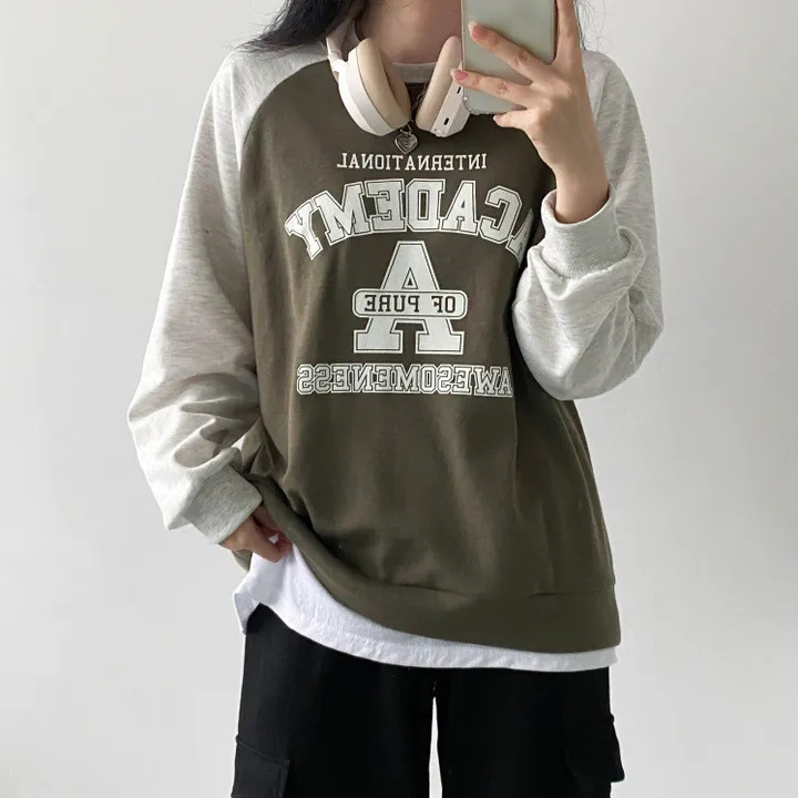 韓版慵懶chic設計感字母印花撞色衛衣-Cicimode