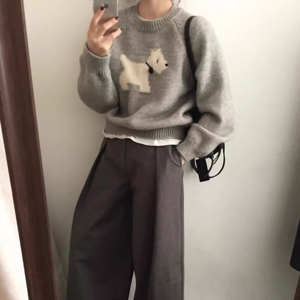 韓系寬鬆短版軟糯圓領狗狗提花針織毛衣-Cicimode