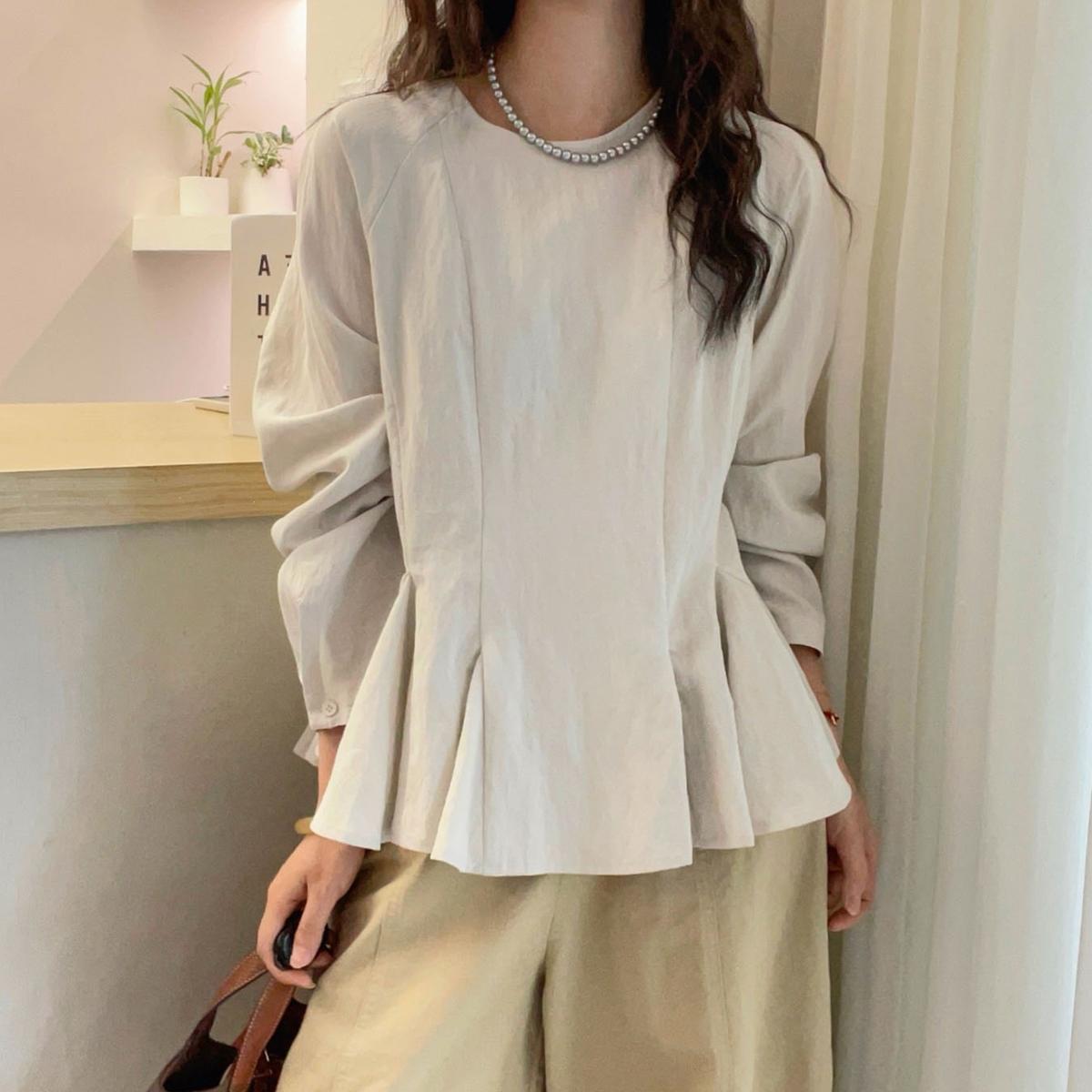 時尚寬鬆百搭短版荷葉邊收腰純棉襯衫