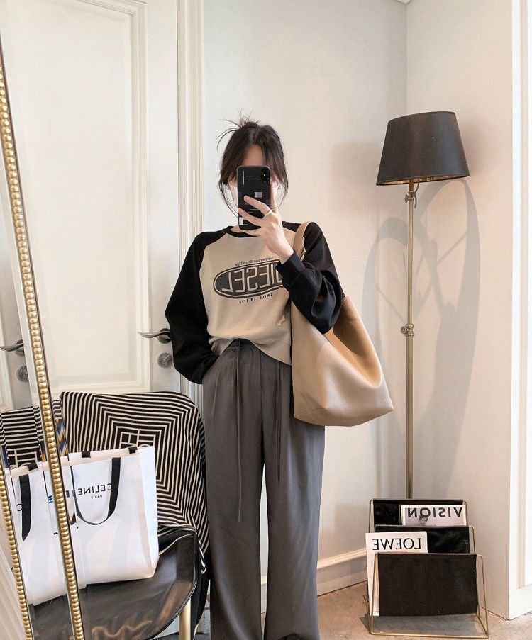 韓系拼色寬鬆正肩顯瘦長袖T恤