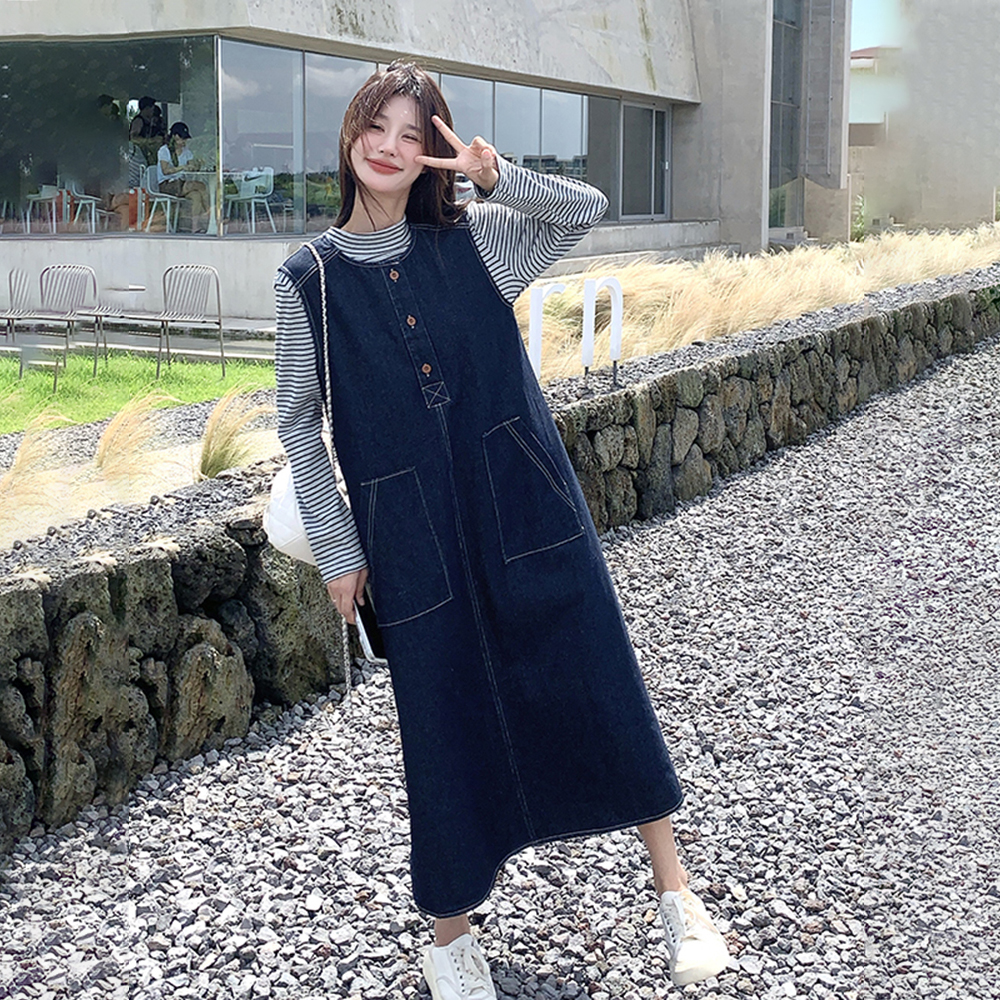 【單件/套裝】韓系條紋顯瘦上衣+復古牛仔背心洋裝兩件套-Cicimode