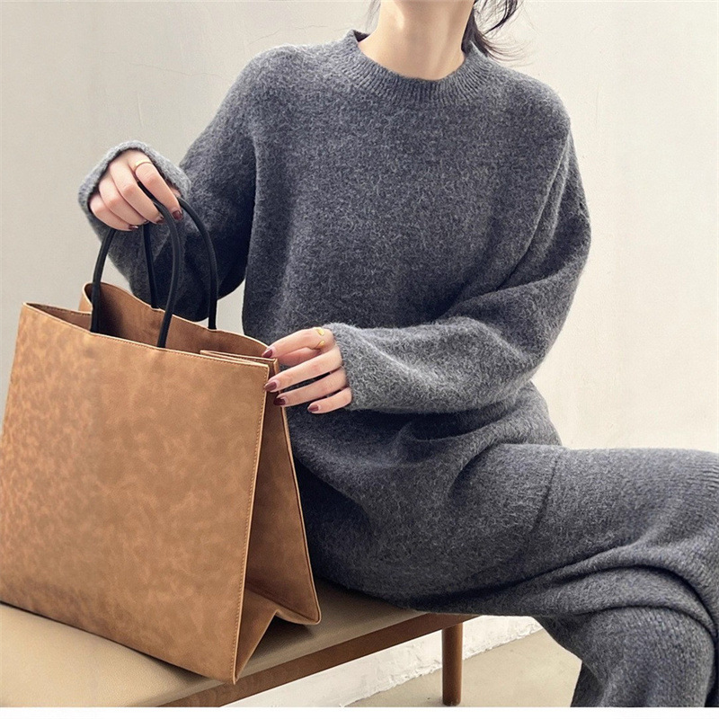 【整套】慵懶風時尚針織毛衣+休閒闊腿褲兩件套