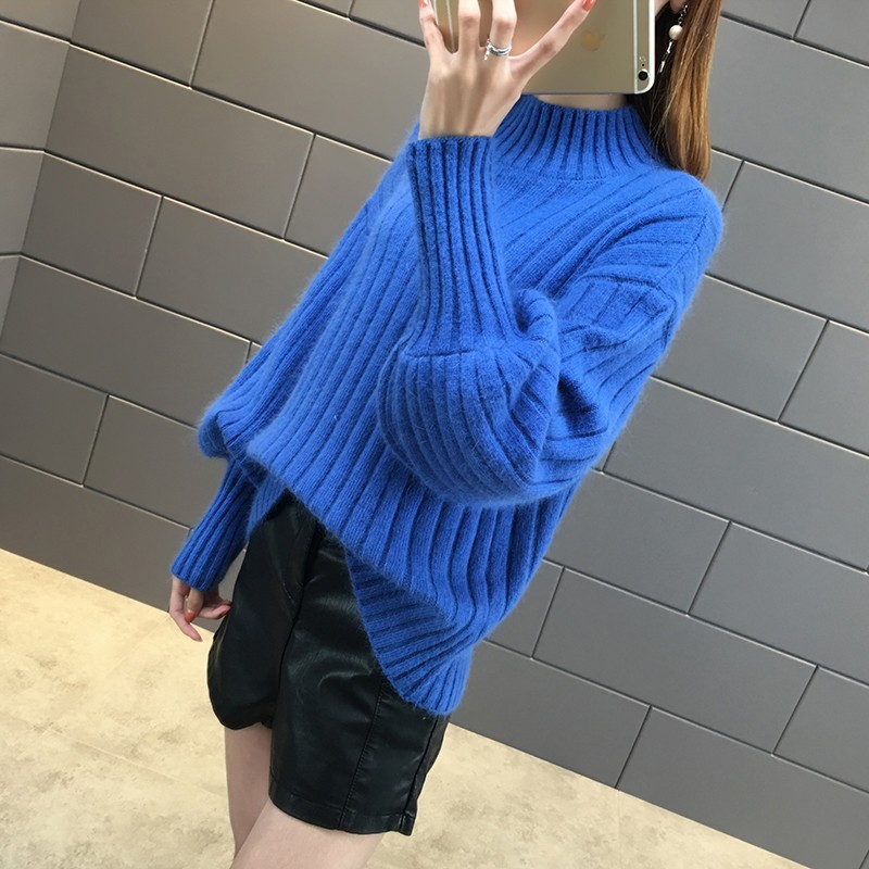 燈籠袖慵懶風打底衫半高領寬鬆針織毛衣