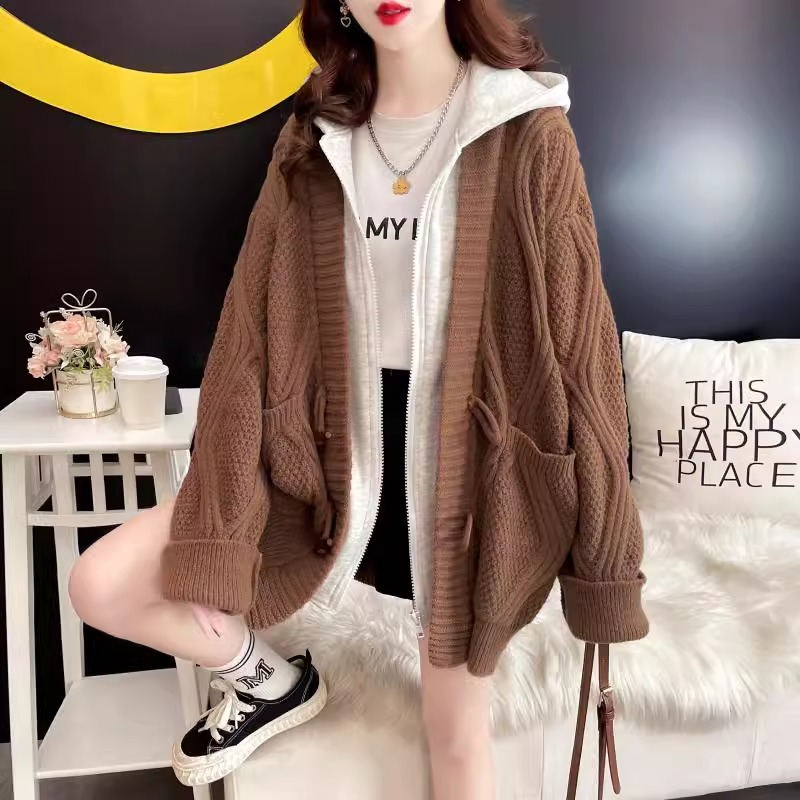 假兩件連帽寬鬆慵懶風中長版針織開衫-Cicimode