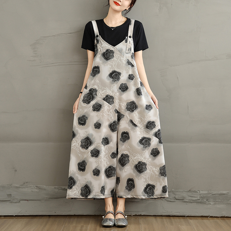 復古浪漫香檳玫瑰顯瘦寬鬆休閒背帶闊腿連體褲-Cicimode