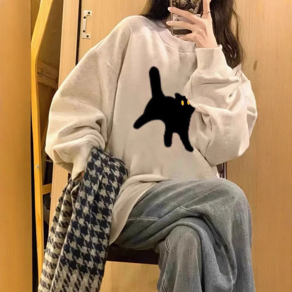韓系卡通貓咪印花刷毛加厚休閒圓領長袖T恤-Cicimode