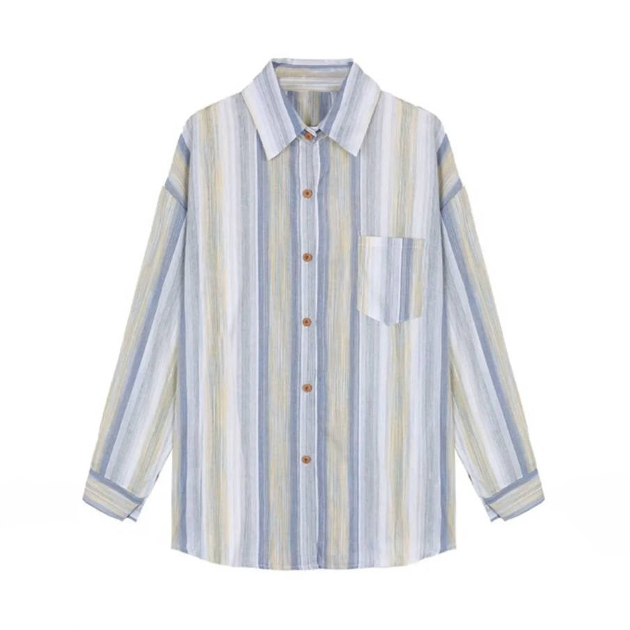 清新條紋防曬慵懶設計感長袖襯衫-Cicimode