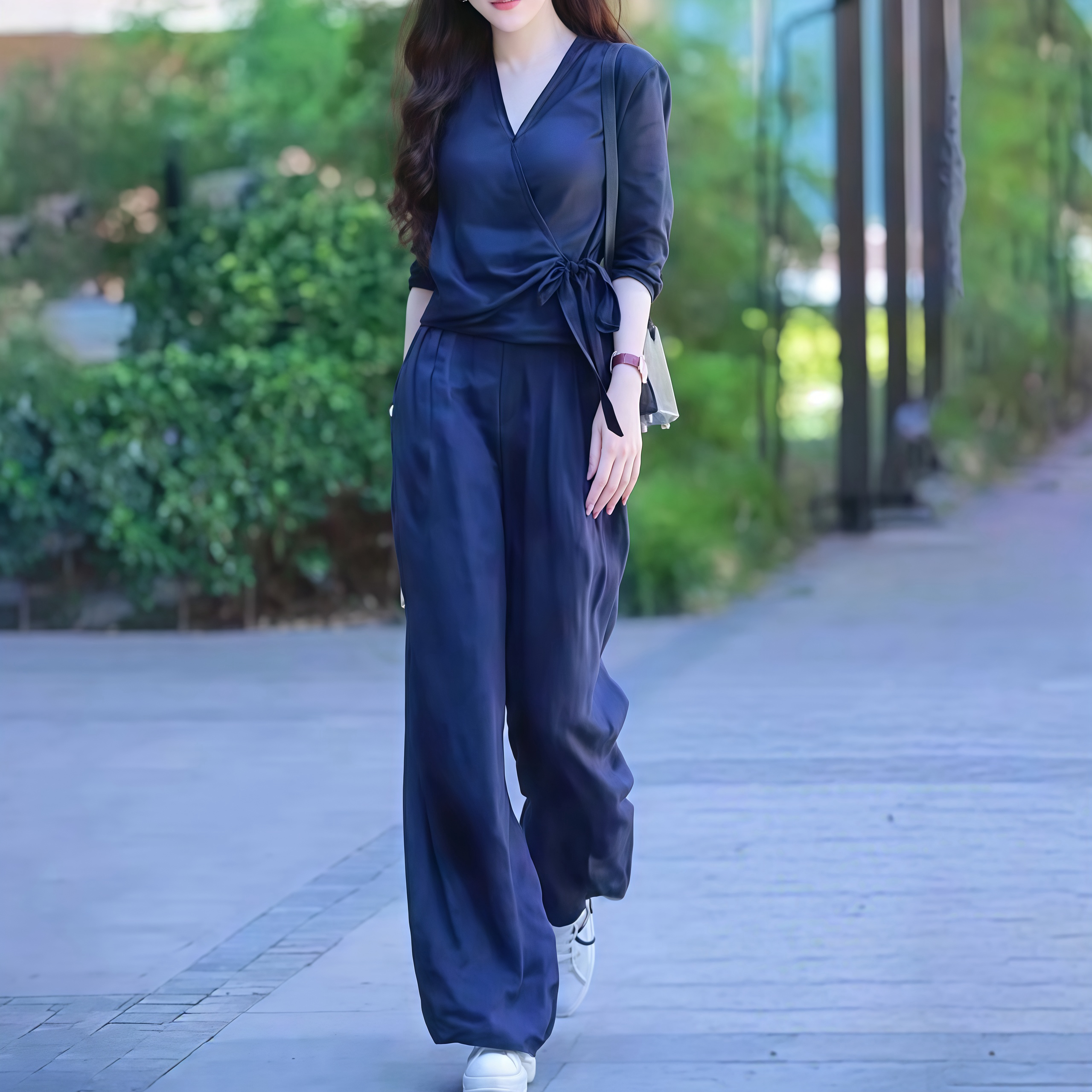 【單件/套裝】棉麻減齡設計感V領襯衫+百搭高腰闊腿褲兩件套裝