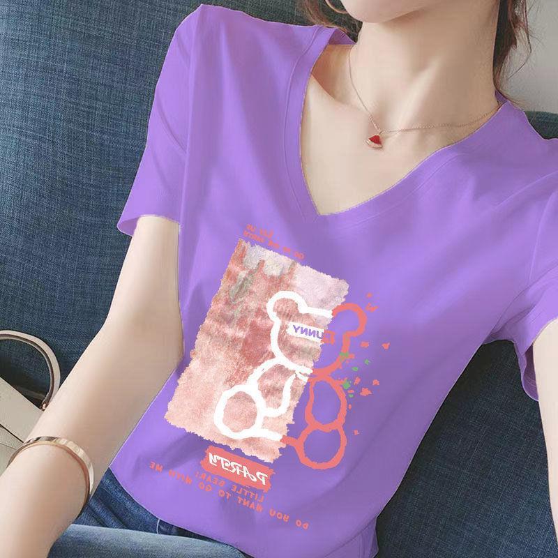 V領卡通熊韓版純棉百搭短袖T恤-Cicimode