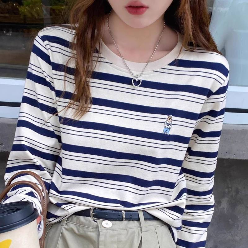 寬鬆休閒大碼百搭撞色條紋純棉長袖t恤