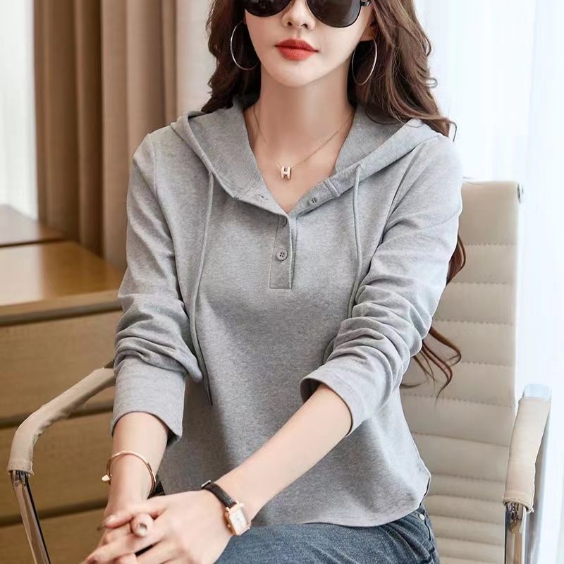 修身顯休閒短版素色長袖連帽衛衣-Cicimode