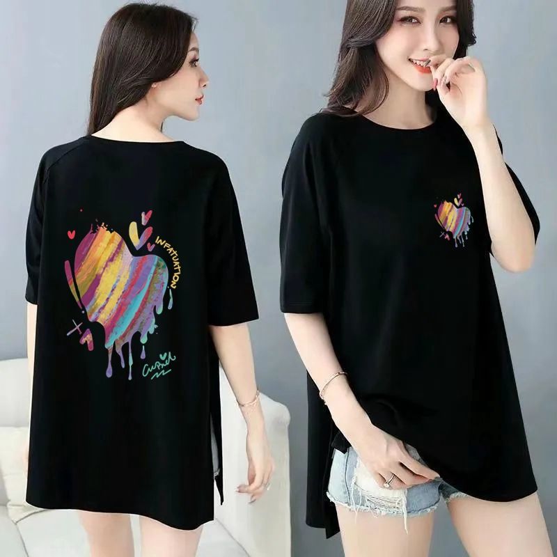 韓版寬鬆印花中長款兩邊開叉短袖T恤-Cicimode