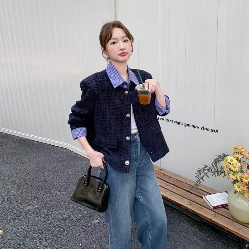 高級感格紋拼接時髦洋氣設計小香風外套