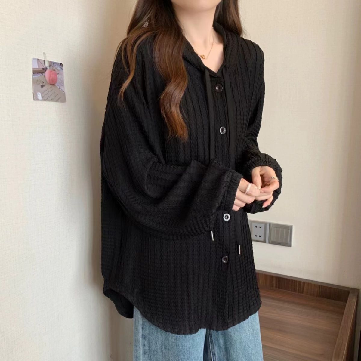 大碼顯瘦中長版休閒外套連帽長袖襯衫