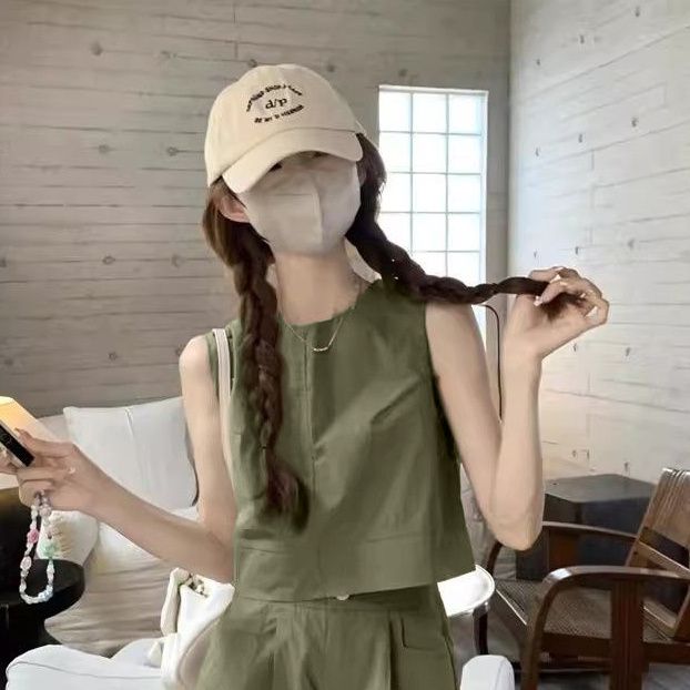 簡約休閑寬松背心上衣高腰闊腿短褲夏季兩件套