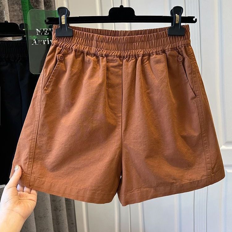 純棉鬆緊腰寬鬆休閒高腰闊腿口袋短褲