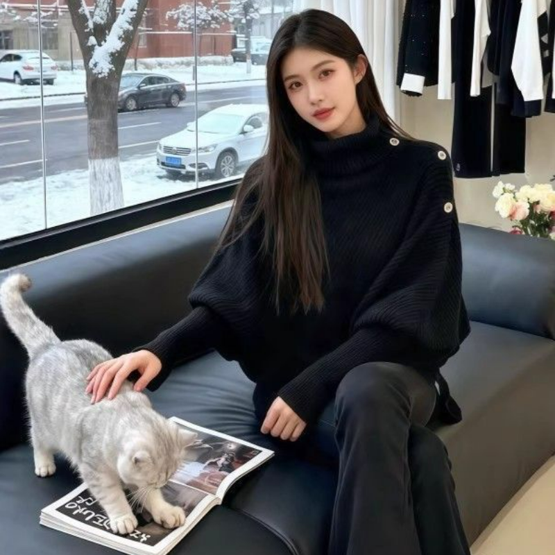 法式復古不規則設計修身打底高領針織毛衣-Cicimode