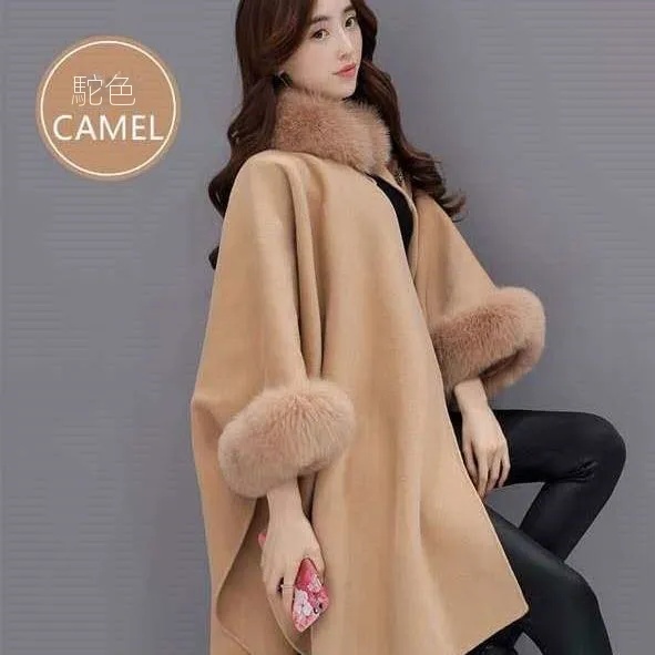 大毛領中長版呢子大衣赫本風遮肉斗篷外套-Cicimode