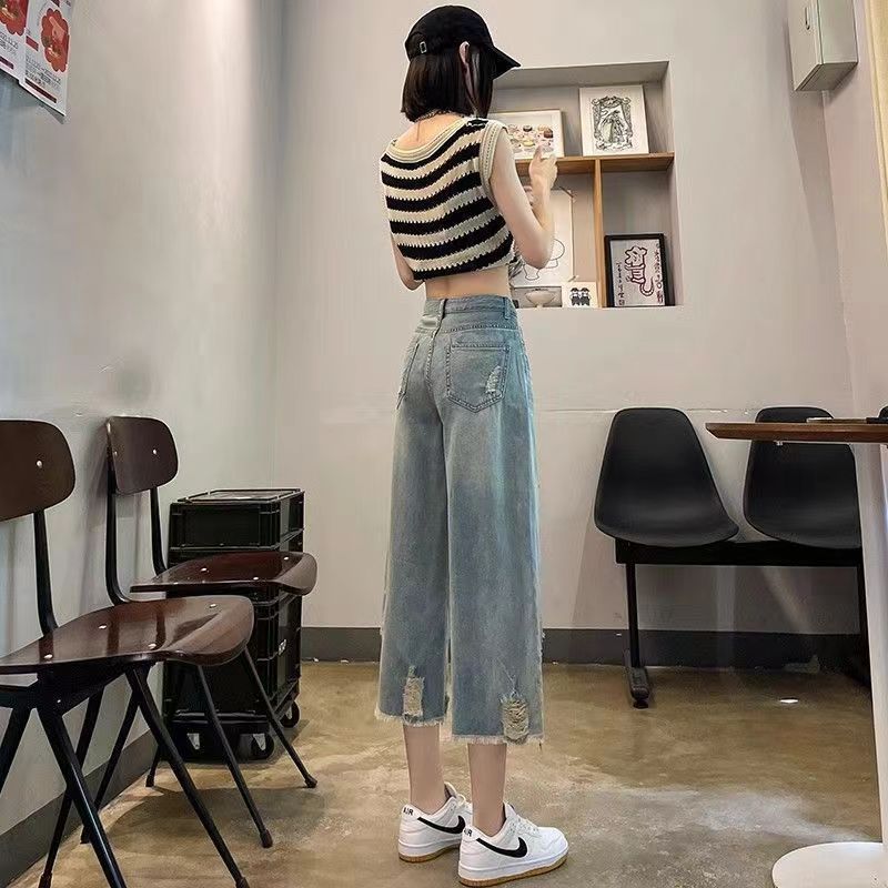 藍色破洞寬鬆高腰顯瘦七分直筒牛仔褲
