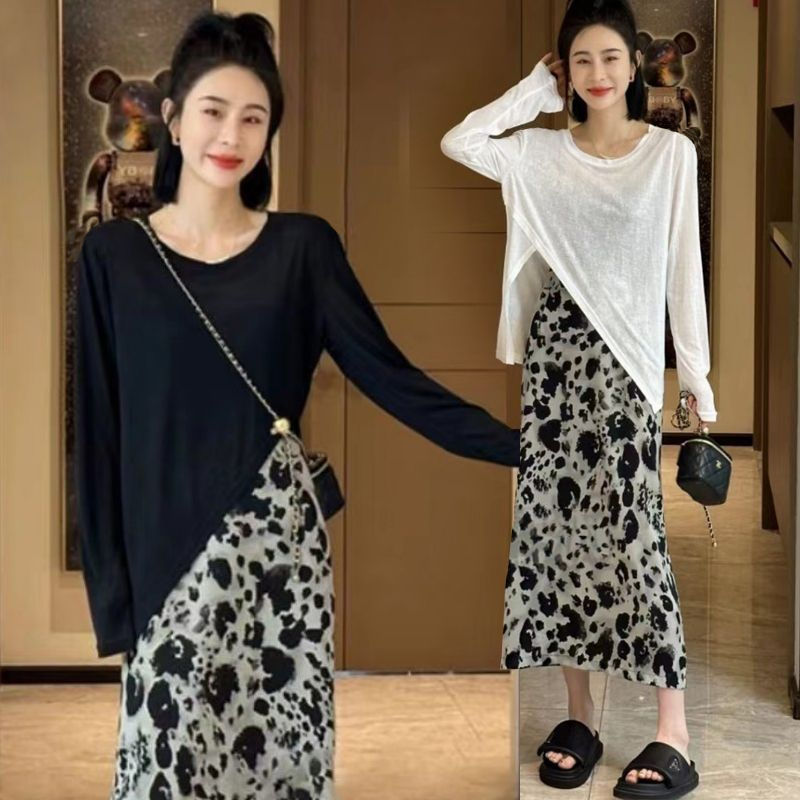 【單件/套裝】時尚不規則防曬長袖T恤+豹紋半身裙兩件套裝