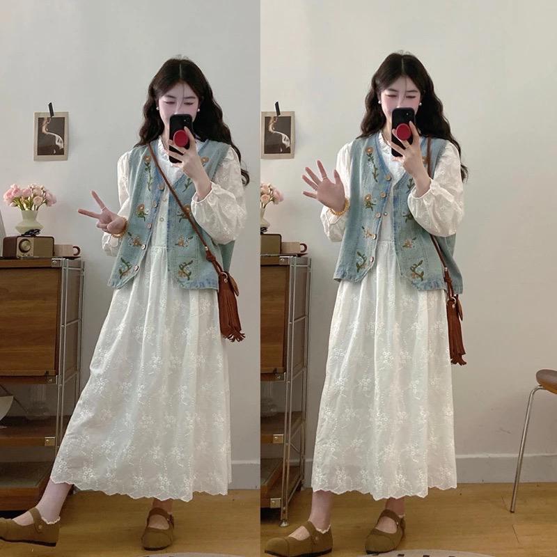 【單件/套裝】減齡法式洋氣蕾絲提花洋裝+重工繡花馬甲兩件套