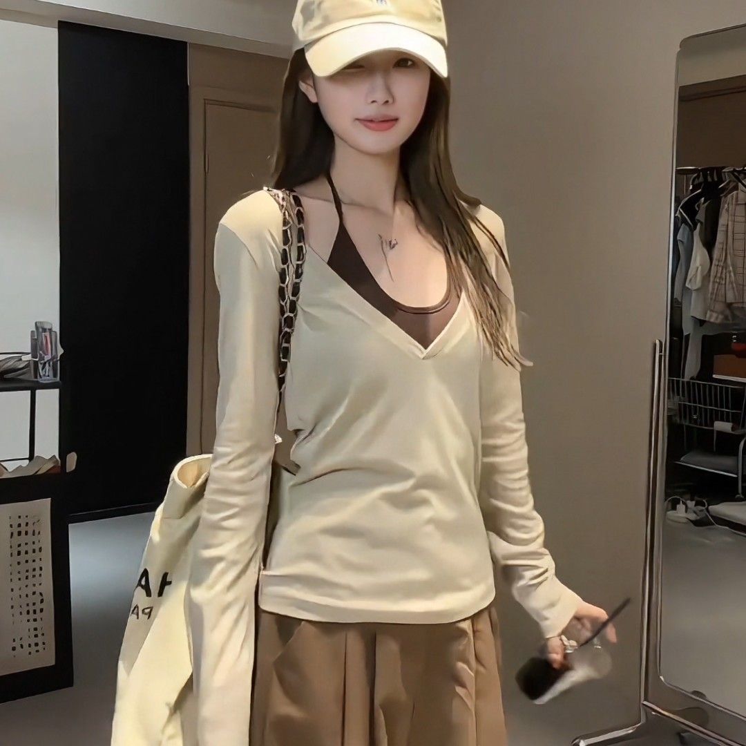 【整套】疊穿美式辣妹修身長袖罩衫+掛脖背心兩件套裝