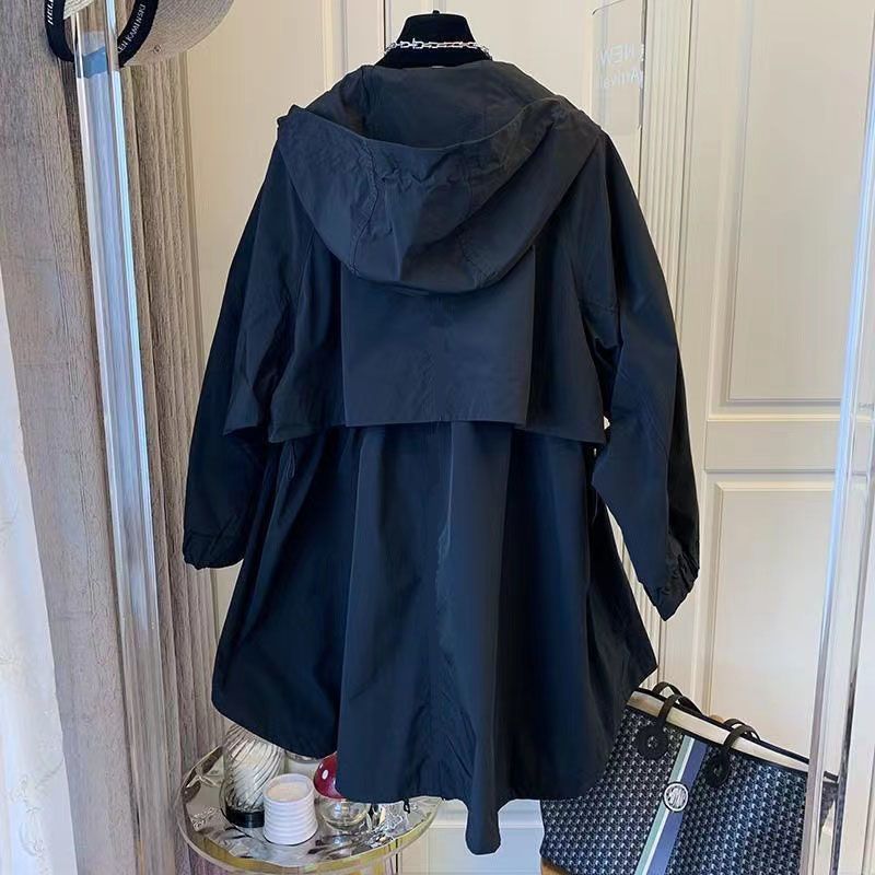 日系寬鬆休閒雙口袋拼接連帽中長版風衣-Cicimode