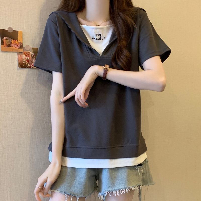 韓系休閒寬鬆翻領假兩件正肩短袖T恤-Cicimode